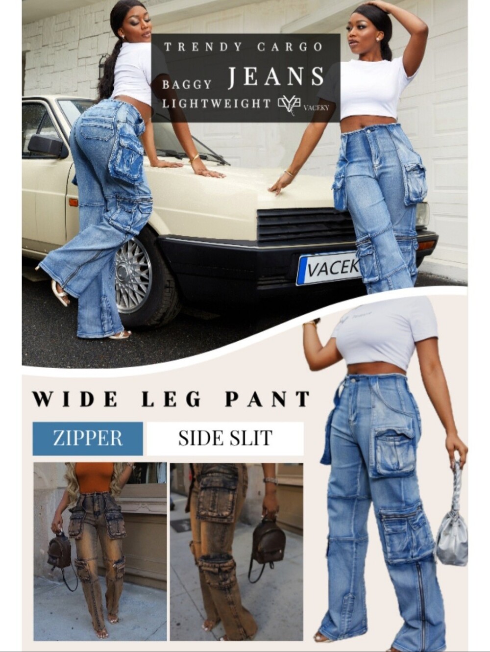 Vaceky NWOT 2XL Y2K Cargo Jeans Wide Leg Utility Pants Blue Denim Look Pocketed